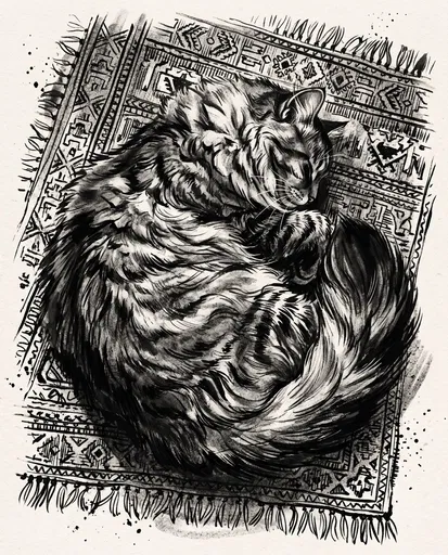 Ink Illustration of Sleeping Siberian Cat