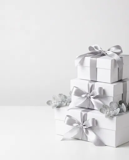 White Gift Boxes with Silver Ribbons