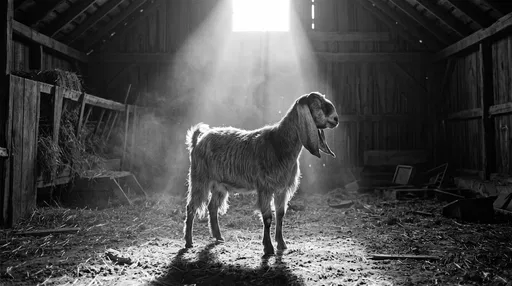 Goat Standing in Dramatic Barn Sunbeam