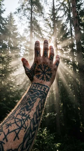 Tattooed Hand Reaching Into Forest Sunbeams