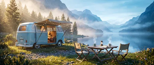 Vintage Blue Camper Van by Alpine Lake
