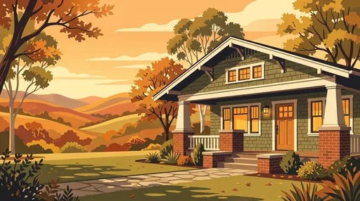 Craftsman Bungalow Illustration at Golden Hour