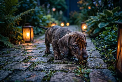 Brindle Dachshund Puppy on Garden Path