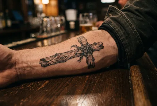 Wooden Cross Tattoo on Forearm