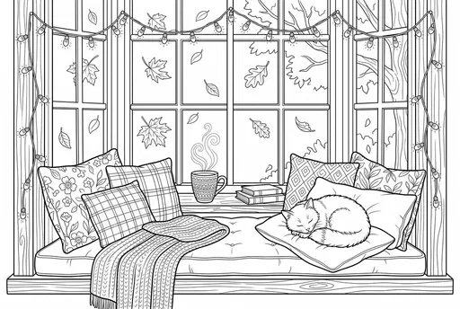 Cozy Autumn Window Seat Coloring Page