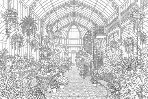 Victorian Glass Conservatory Line Art Coloring Page