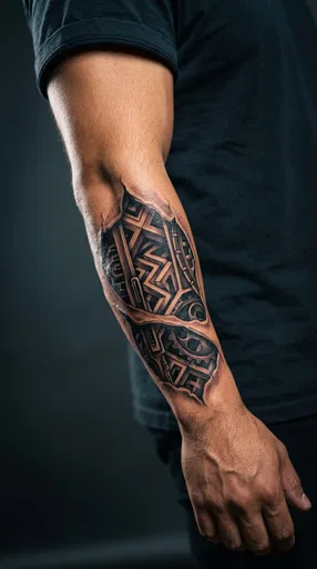 Biomechanical Geometric Forearm Tattoo Close-Up