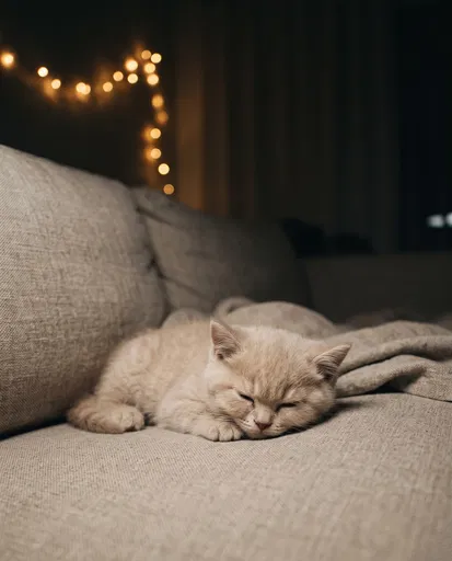 Cream Kitten Sleeping on Linen Sofa
