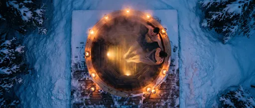 Aerial View of Couple in Winter Hot Tub