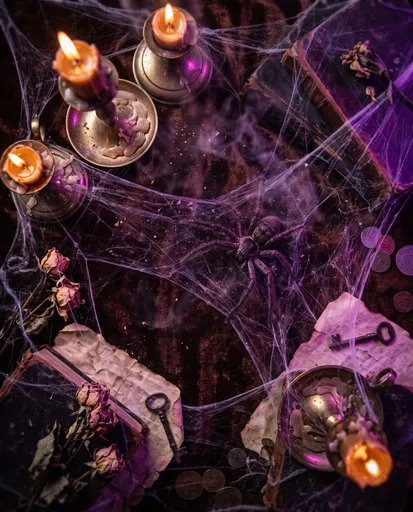 Spider on Cobweb Covered Gothic Table