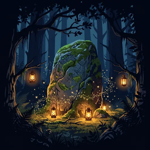 Mossy Forest Monolith With Glowing Lanterns
