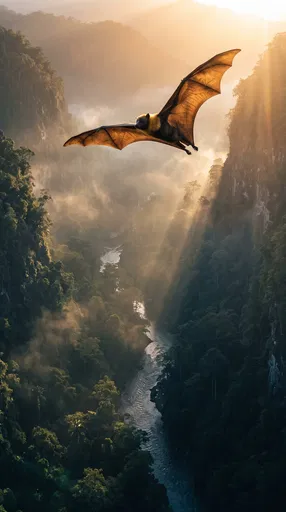 Flying Fox Soaring Over Misty River Gorge