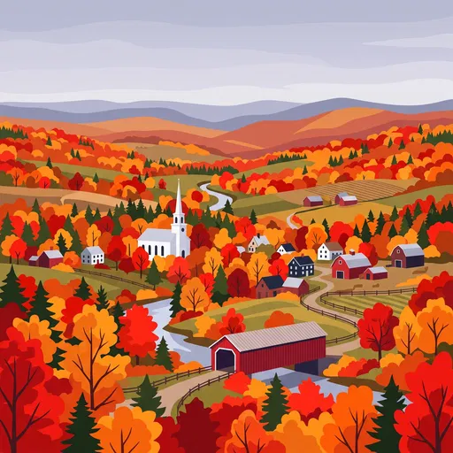 Vermont Autumn Valley Flat Vector Illustration