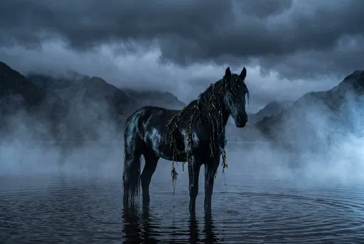 Mythical Black Kelpie Horse in Misty Loch