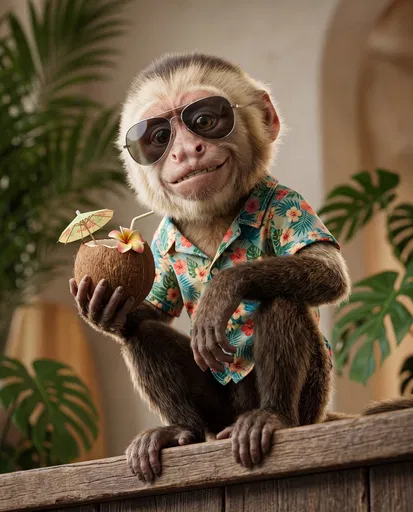 Cool Monkey in Floral Shirt with Coconut