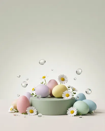 Pastel Eggs and Daisies on Podium