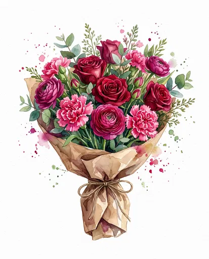 Watercolor Bouquet of Roses and Carnations