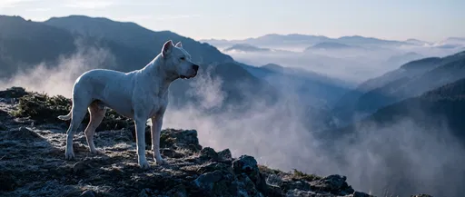 White Dogo Argentino on Misty Mountain Ridge