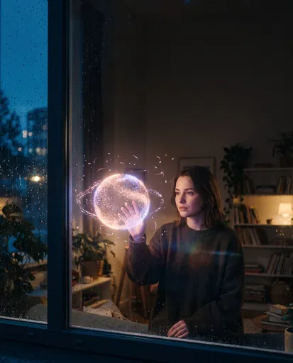 Woman Interacting With Glowing Holographic Orb
