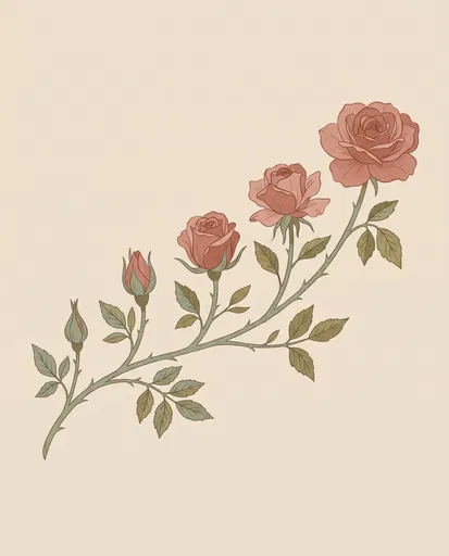 Dusty Rose Blooming Progression Botanical Illustration