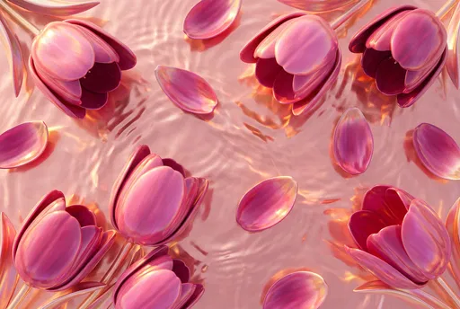 Glossy Pink Tulips on Rose Gold Water