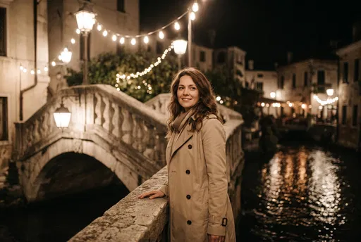 Woman by Canal Bridge at Night