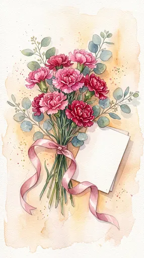Watercolor Pink Carnation Bouquet with Blank Card