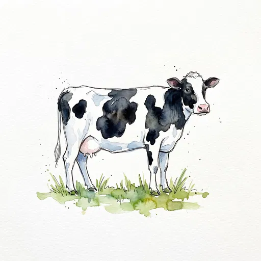 Watercolor and Ink Holstein Cow Illustration