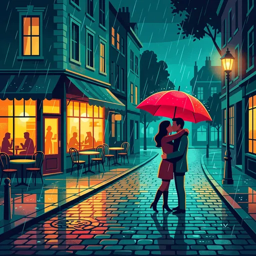 Couple Kissing Under Red Umbrella in Rain