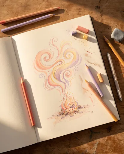 Pastel Campfire Drawing in Sketchbook Flat Lay