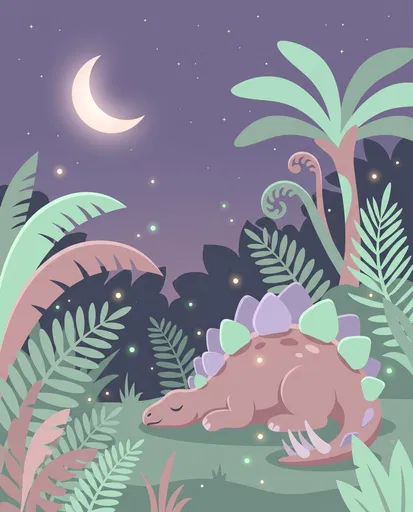 Sleeping Pastel Stegosaurus Under Crescent Moon