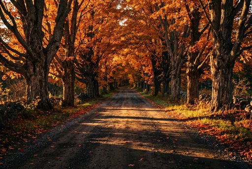 Autumn Gravel Road Under Maple Canopy