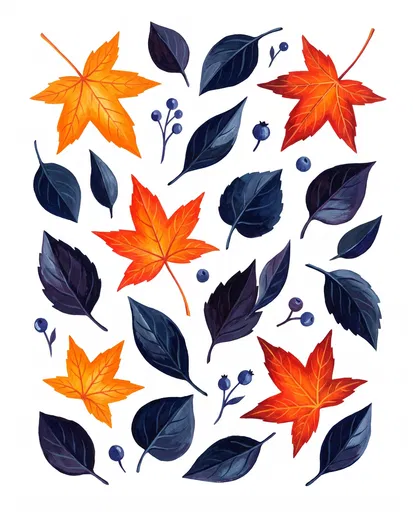 Gouache Autumn Leaves and Berries Clipart