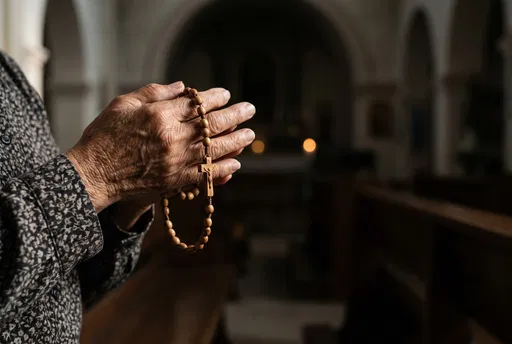 Elderly Hands Holding Wooden Rosary in Chapel