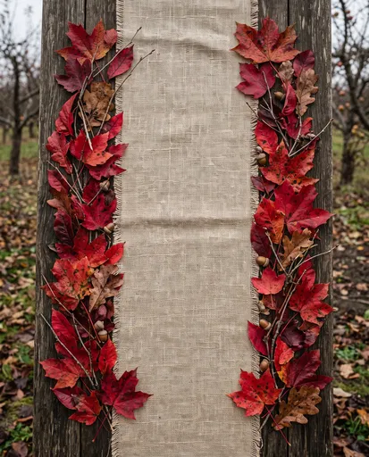Rustic Autumn Linen Table Runner Flatlay