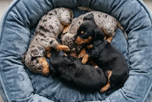 Four Dachshund Puppies Sleeping in Bed