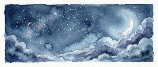 Watercolor Celestial Night Sky With Crescent Moon