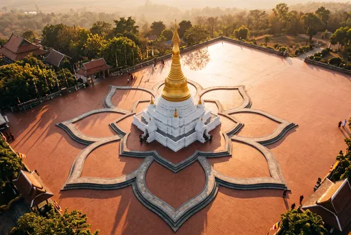 Aerial View of Golden Buddhist Stupa