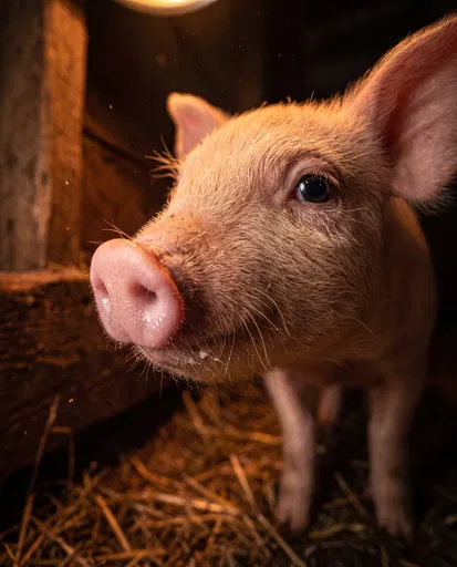 Close-Up of Piglet Under Barn Lamp