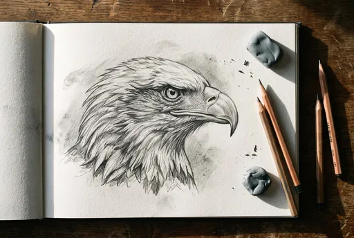 Graphite Eagle Sketch in Open Sketchbook