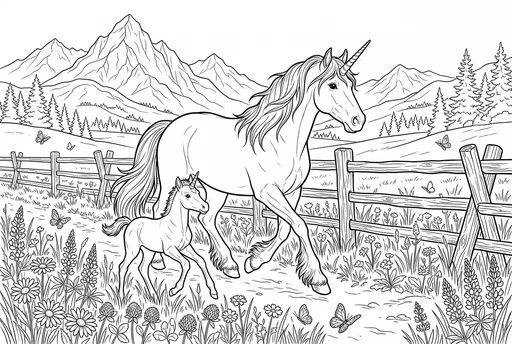Unicorn Mare and Foal Coloring Page