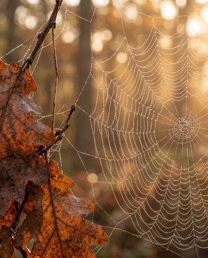 Dewy Spiderweb on Autumn Oak Leaves