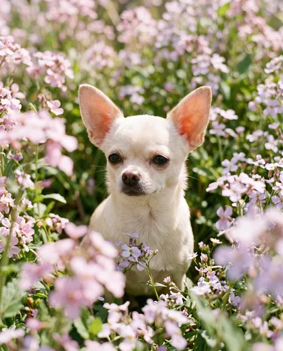 Cream Chihuahua in Pastel Spring Wildflowers