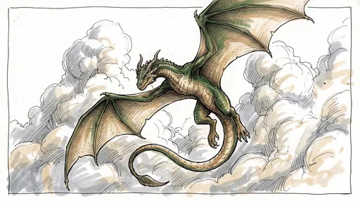 Green Wyvern Soaring Through Clouds Illustration
