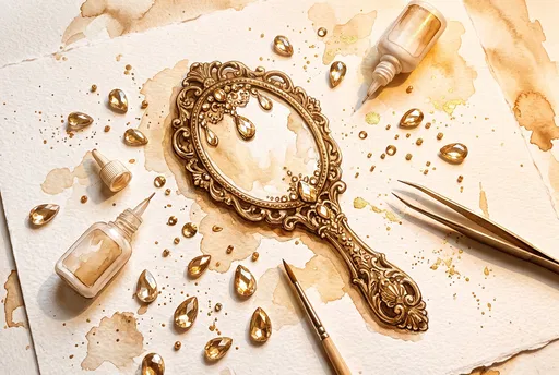 Watercolor Antique Mirror Rhinestone Craft Flat Lay