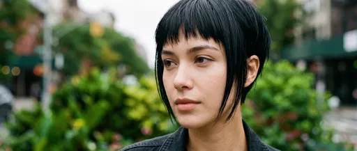 Young Woman With Black Pixie Cut Outdoors