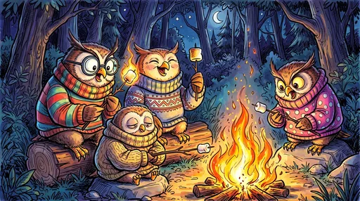 Cartoon Owls Roasting Marshmallows by Campfire