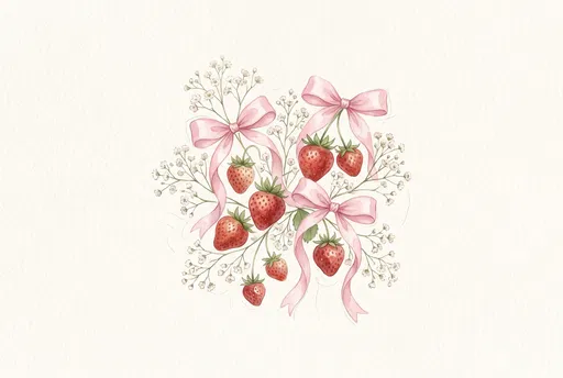 Watercolor Strawberries and Pink Bows Illustration
