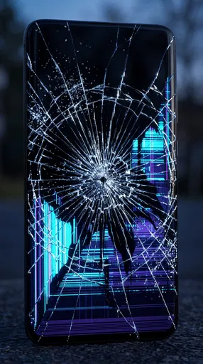 Shattered Smartphone Screen With Neon Glitches