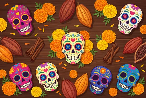 Mexican Sugar Skulls and Marigolds Flat Lay